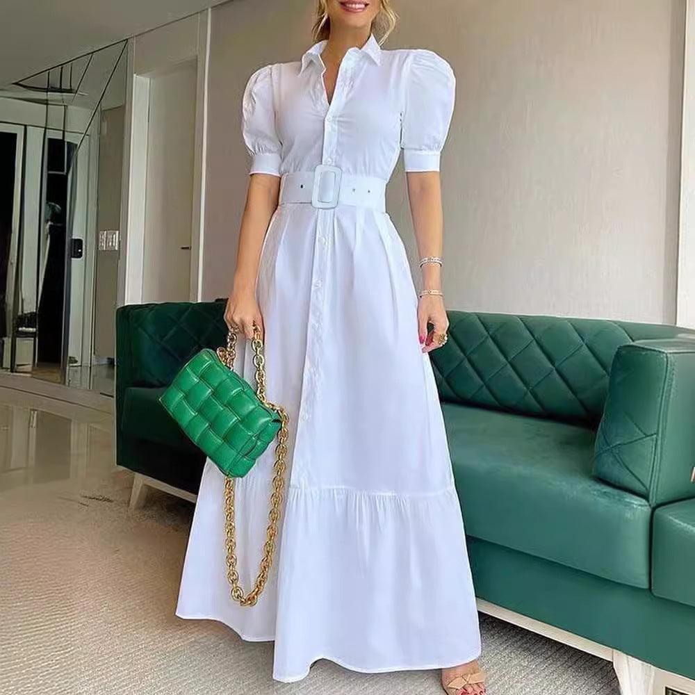 Belted puff sleeve swing midi dress in elegant cut, perfect office wear with structured drape
