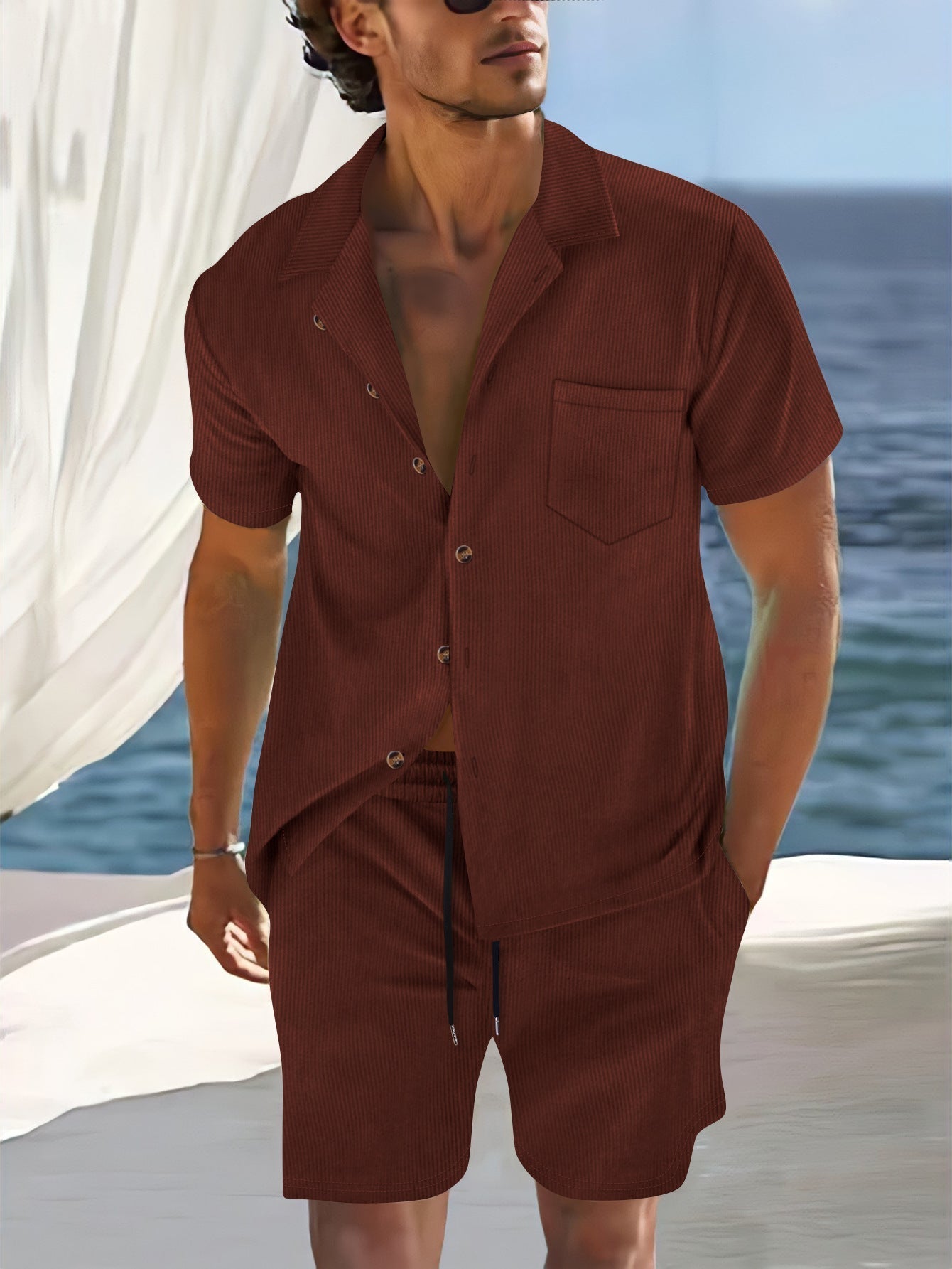Men's relaxed fit vertical stripe shirt set lapel collar button front 2-piece summer outfit