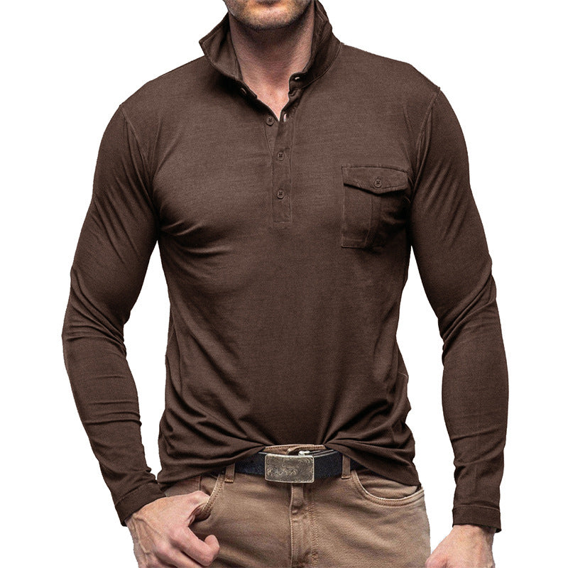 Men's long sleeve Henley polo shirt breathable cotton regular fit with chest pocket casual classic