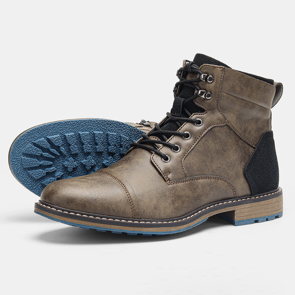 Men's cap toe weather-resistant synthetic leather boot blue traction outsole urban street style