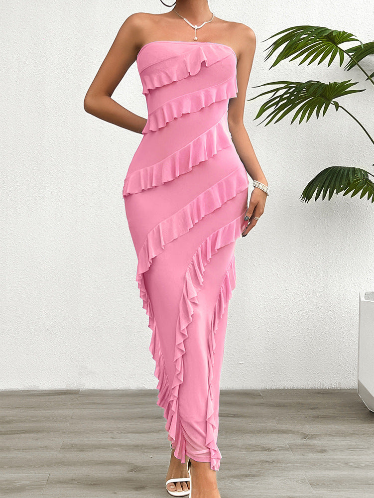 Women's strapless tailored ankle dress with elegant asymmetric ruffle detail, sleek figure-skimming silhouette