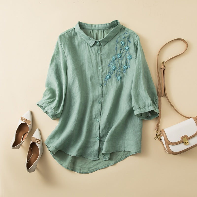 Natural fiber women's relaxed fit shirt by Nordic Flair with embroidered chest detail, mid-length sleeves