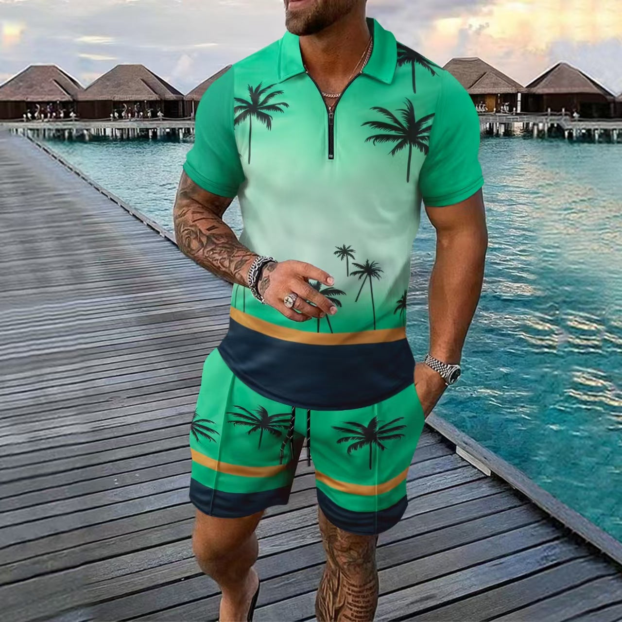 Men's slim-fit tropical print sports set with zip neck, lightweight breathable fabric for active wear