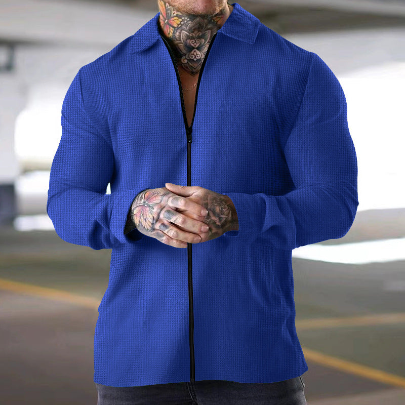 Men's long sleeve textured woven shirt regular fit zip front closure casual style