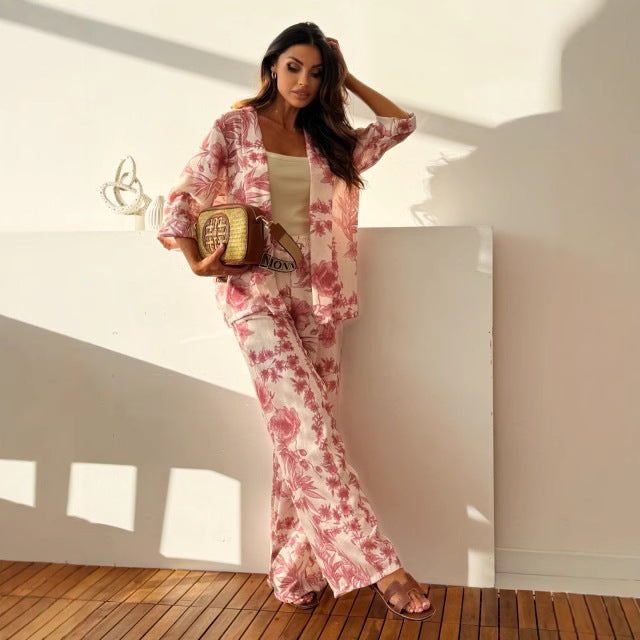Women's floral kimono top with 3/4 sleeves and loose pants set, lightweight cotton blend beachwear