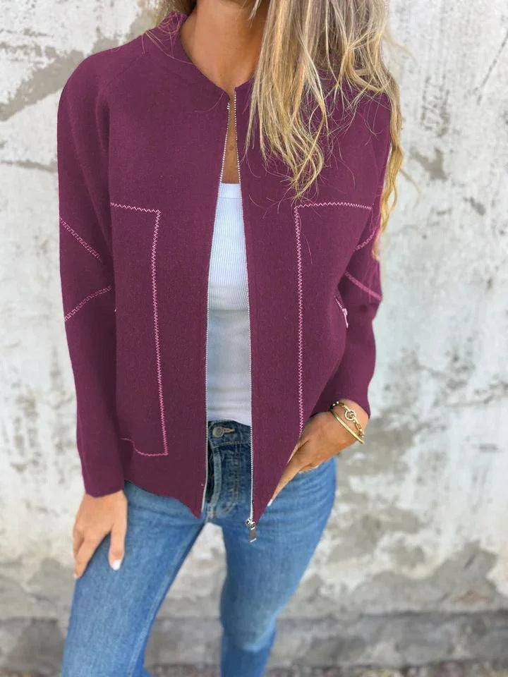 Women's relaxed-fit knit-look jacket with full-length zipper and side pockets for everyday casual style