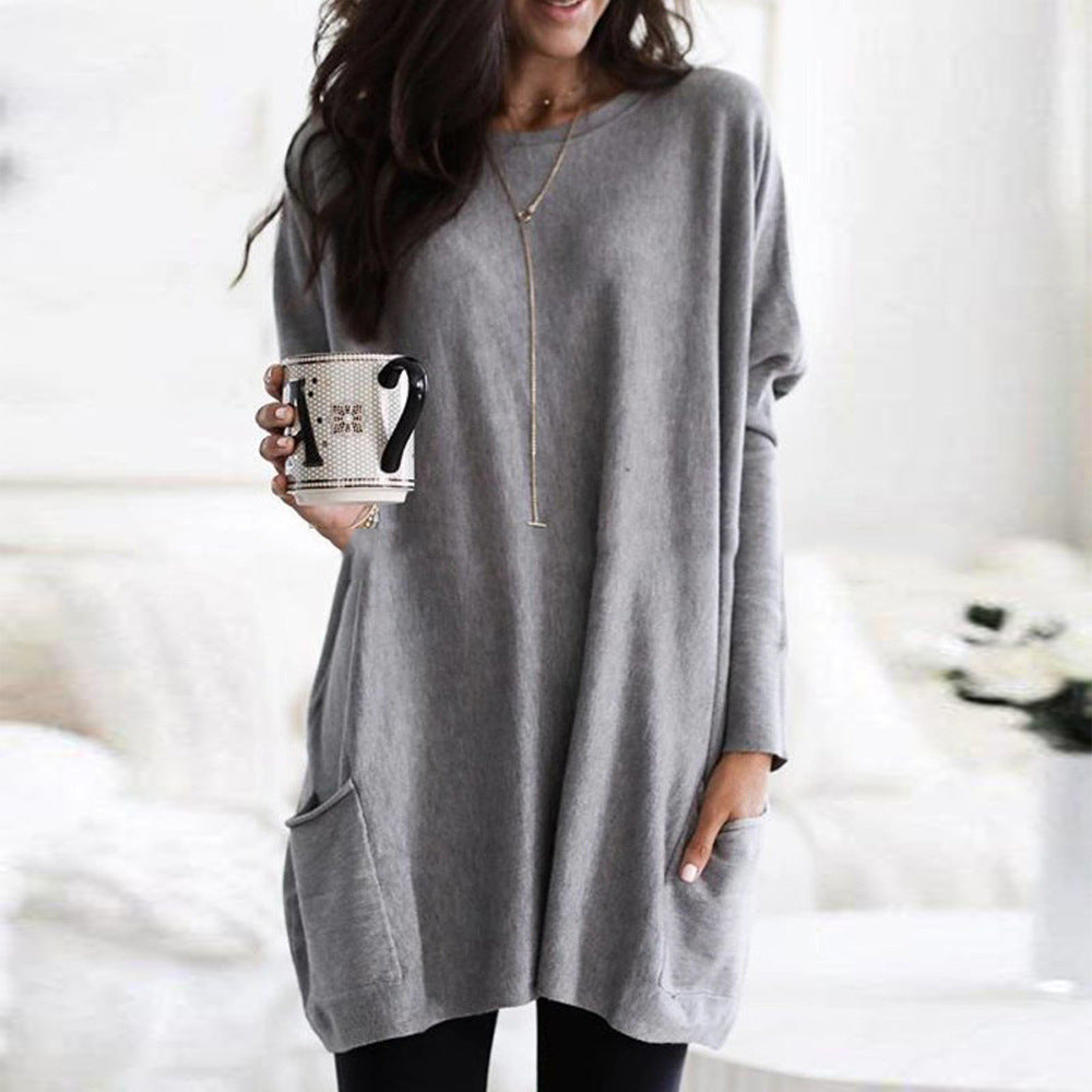 Women's cozy long sleeve sweater in neutral tone, relaxed everyday fit, all-season essential staple