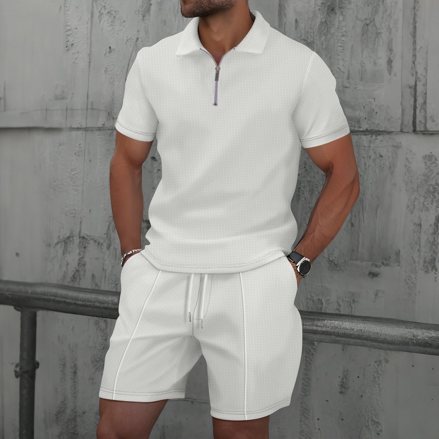 Men's regular fit short sleeve polo set with zip neck, breathable fabric, clean modern style