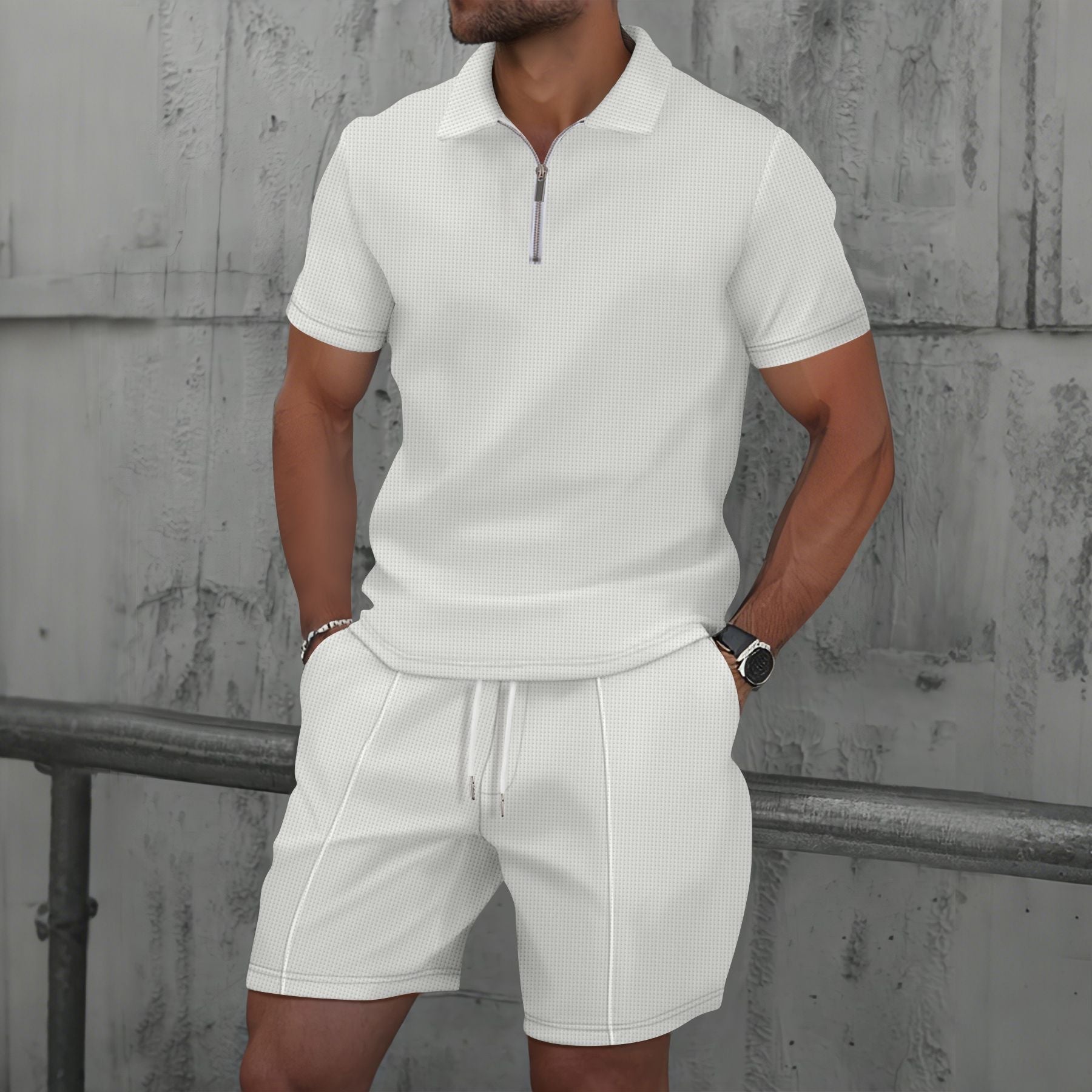 Men's regular fit short sleeve polo set with zip neck, breathable fabric, clean modern style