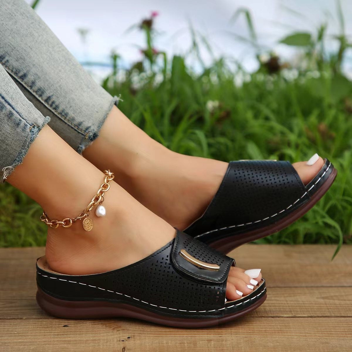 Women beige slip-on wedge sandals with perforated PU leather strap for breathable everyday comfort