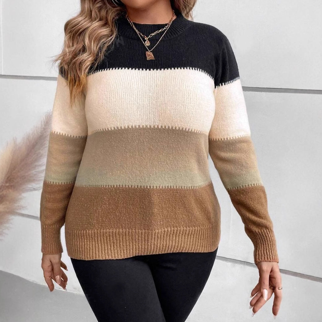 Women's relaxed-fit color block knit sweater round neck long sleeves cozy Nordic-Flair everyday style