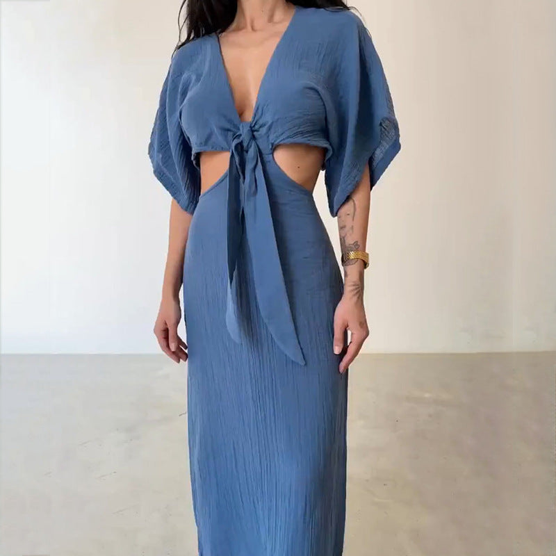 Slim fit maxi dress V-neck open back waist cutout chic women's evening wear flattering silhouette