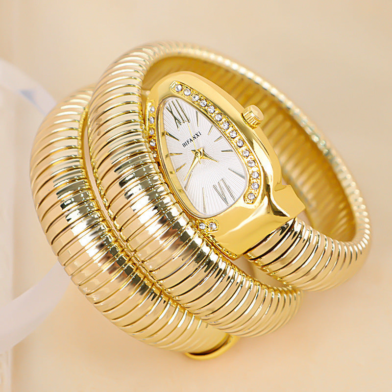 Women's snake-inspired quartz watch with custom bracelet, lightweight elegant accessory