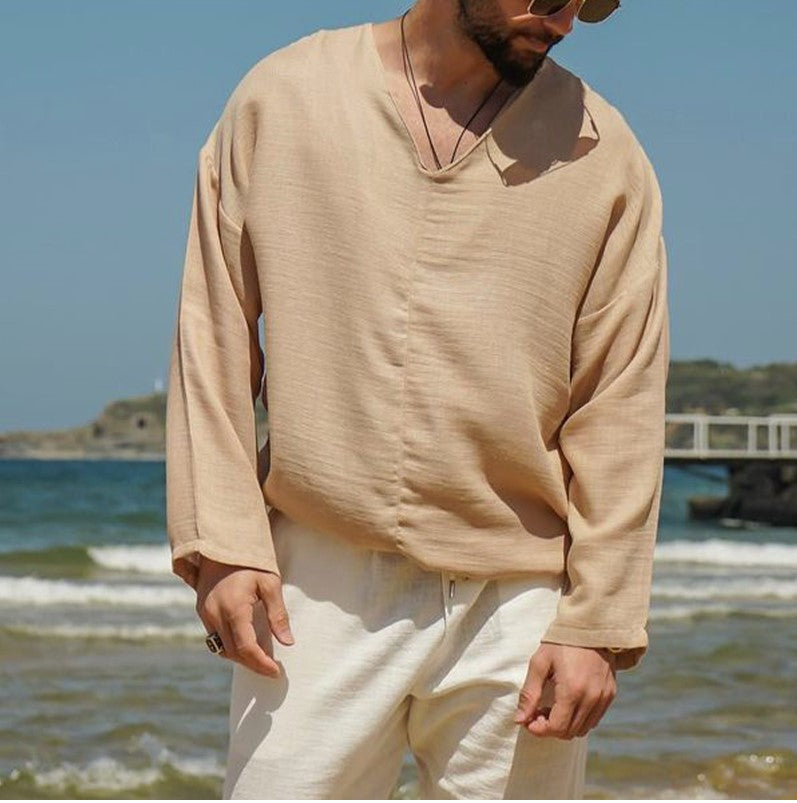 Men's beige linen relaxed-fit V-neck shirt, lightweight breathable summer beachwear with casual drape