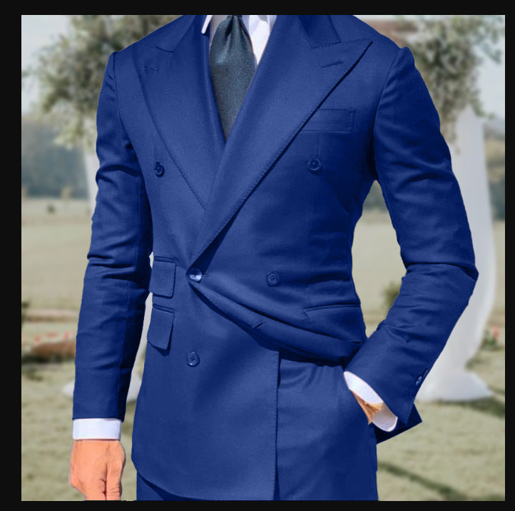 Men's slim fit double breasted wool blend blazer with peak lapel, formal nordic style