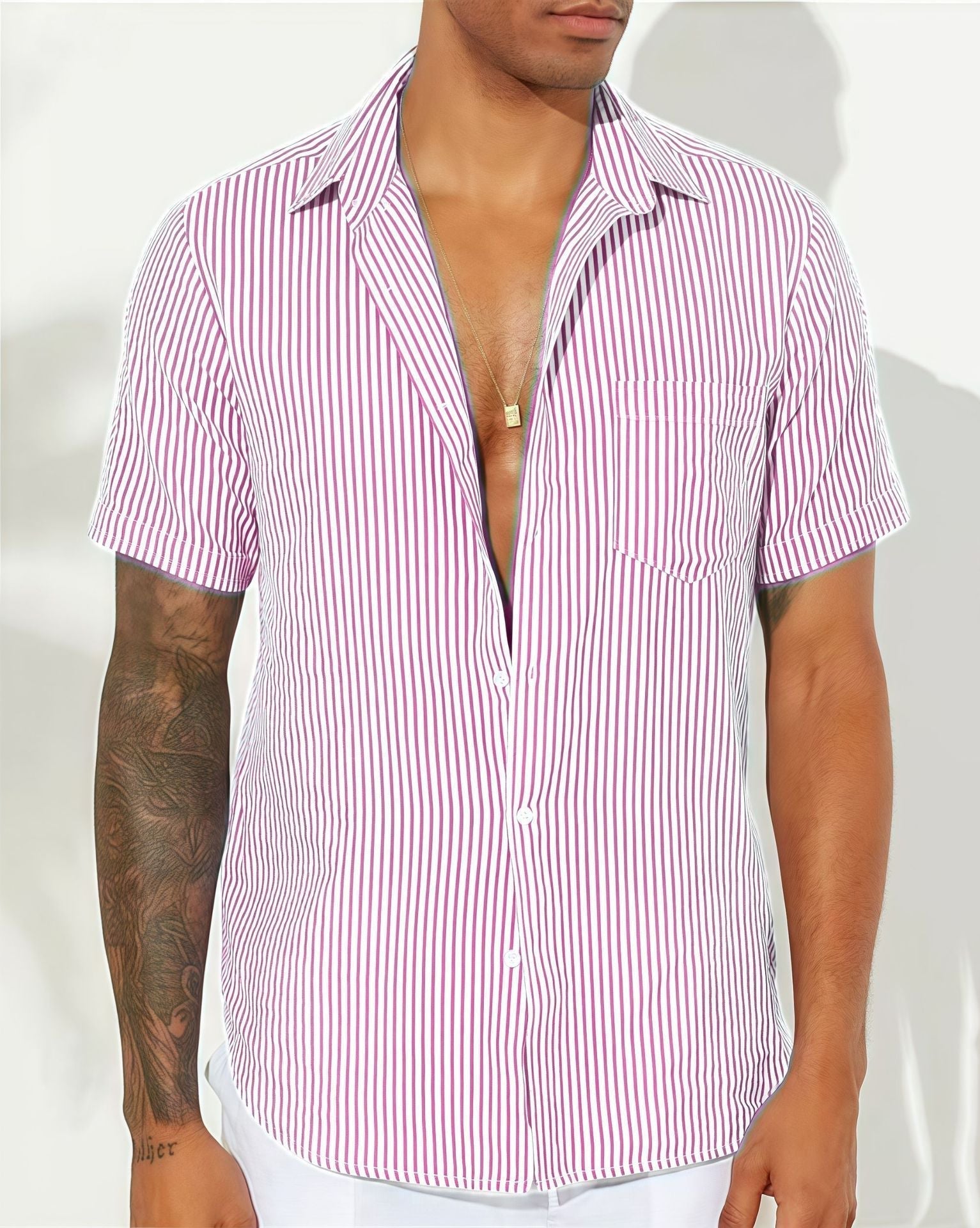 Men's cotton blend relaxed fit striped short sleeve shirt in Nordic-inspired vertical stripe pattern