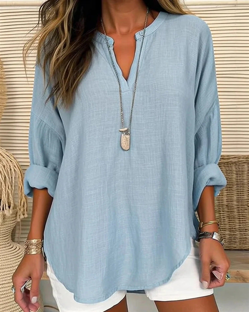 Women's relaxed fit cotton linen shirt stand collar long sleeve breathable everyday casual top