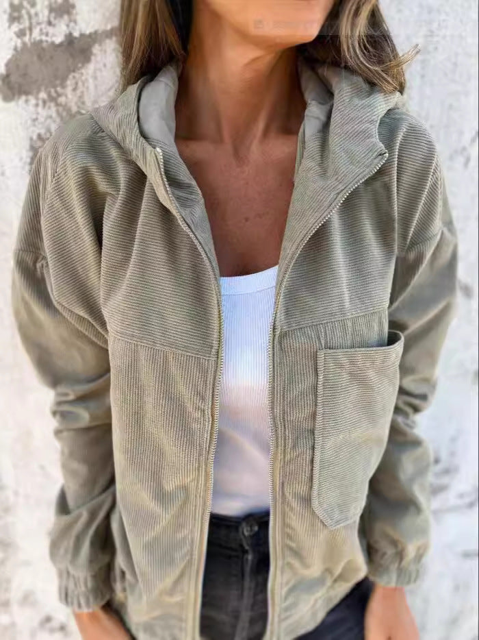 Women's beige corduroy hooded jacket relaxed fit zip front with elastic cuffs all-season casual