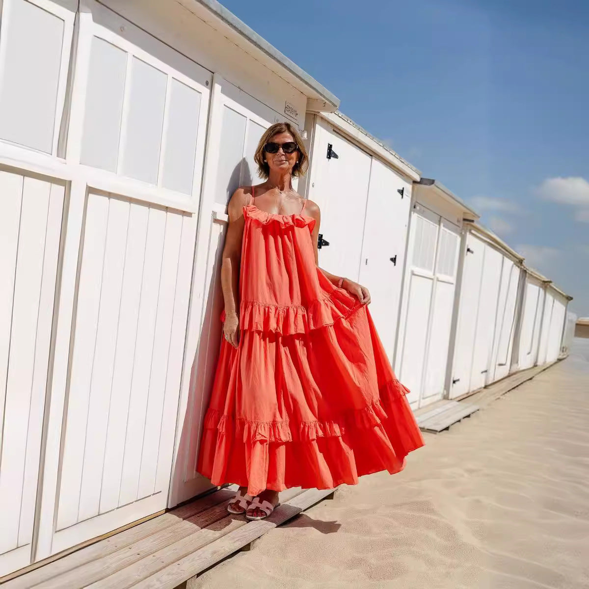 Women's flowy maxi dress cotton blend ruffle neckline tiered skirt vacation daywear