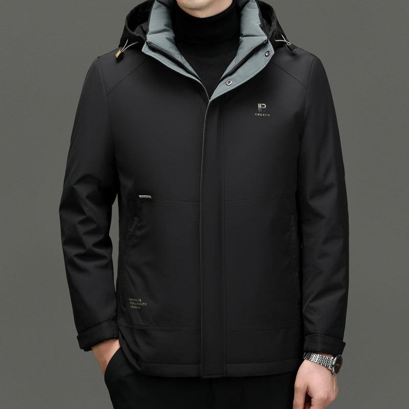 Men's quilted down jacket regular fit detachable hood windproof closure urban style cold weather