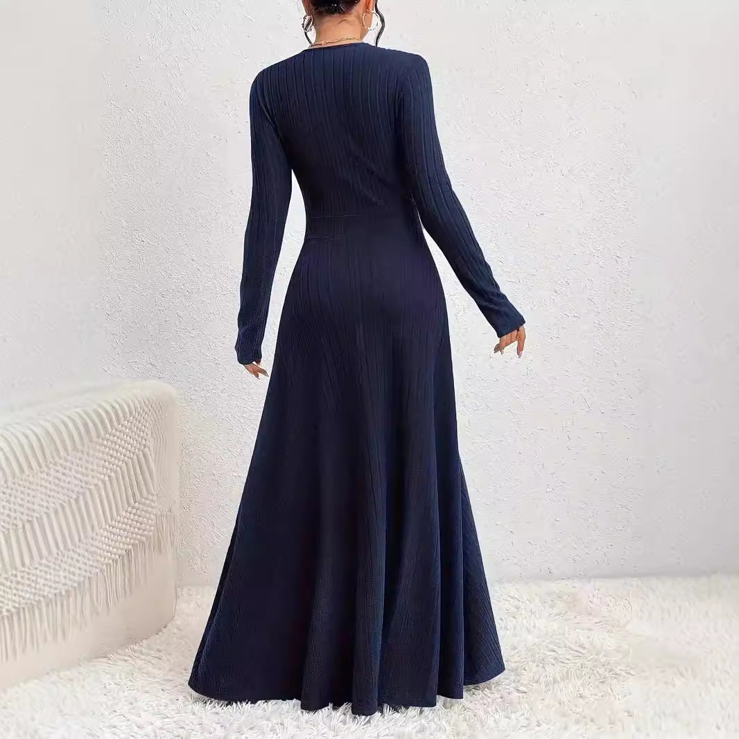 Women soft knit maxi fit-and-flare dress with long sleeves, defined waist, elegant everyday style