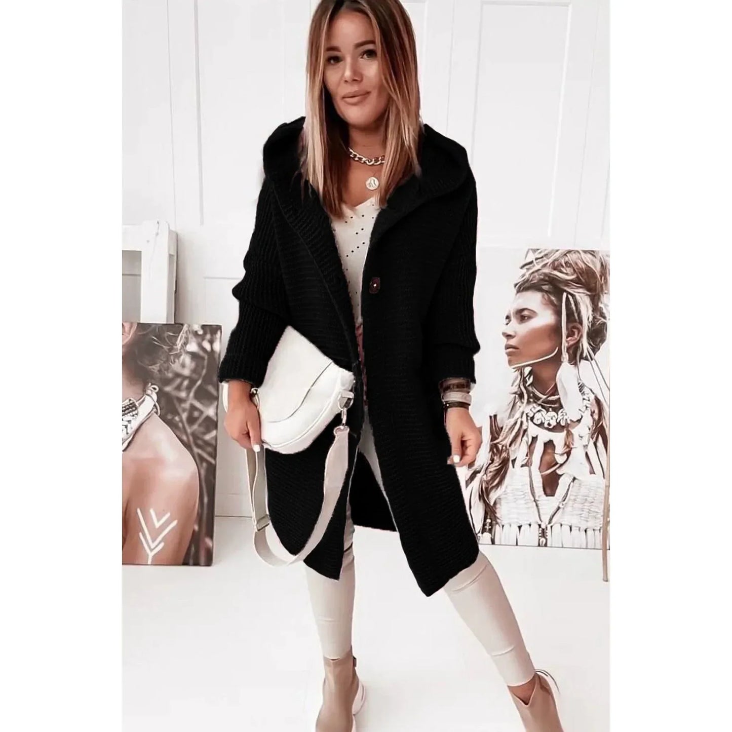 Women's hooded longline ribbed knit cardigan loose fit drop shoulder button-front cozy layer