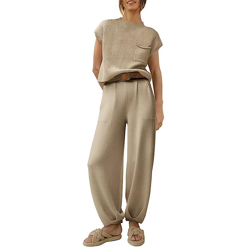 Women's soft cotton knit two-piece set cropped top with chest pocket and high waist wide leg pants