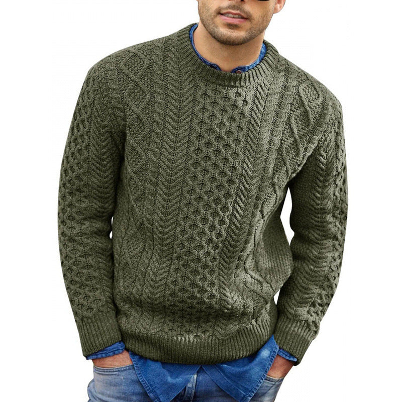 Men's beige cable knit crew neck sweater with ribbed cuffs, classic textured layering top