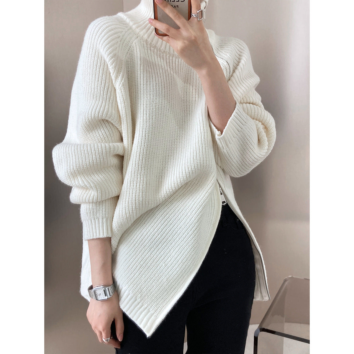 Women's wool blend oversized knit sweater with high collar and side zipper in cozy neutral tones