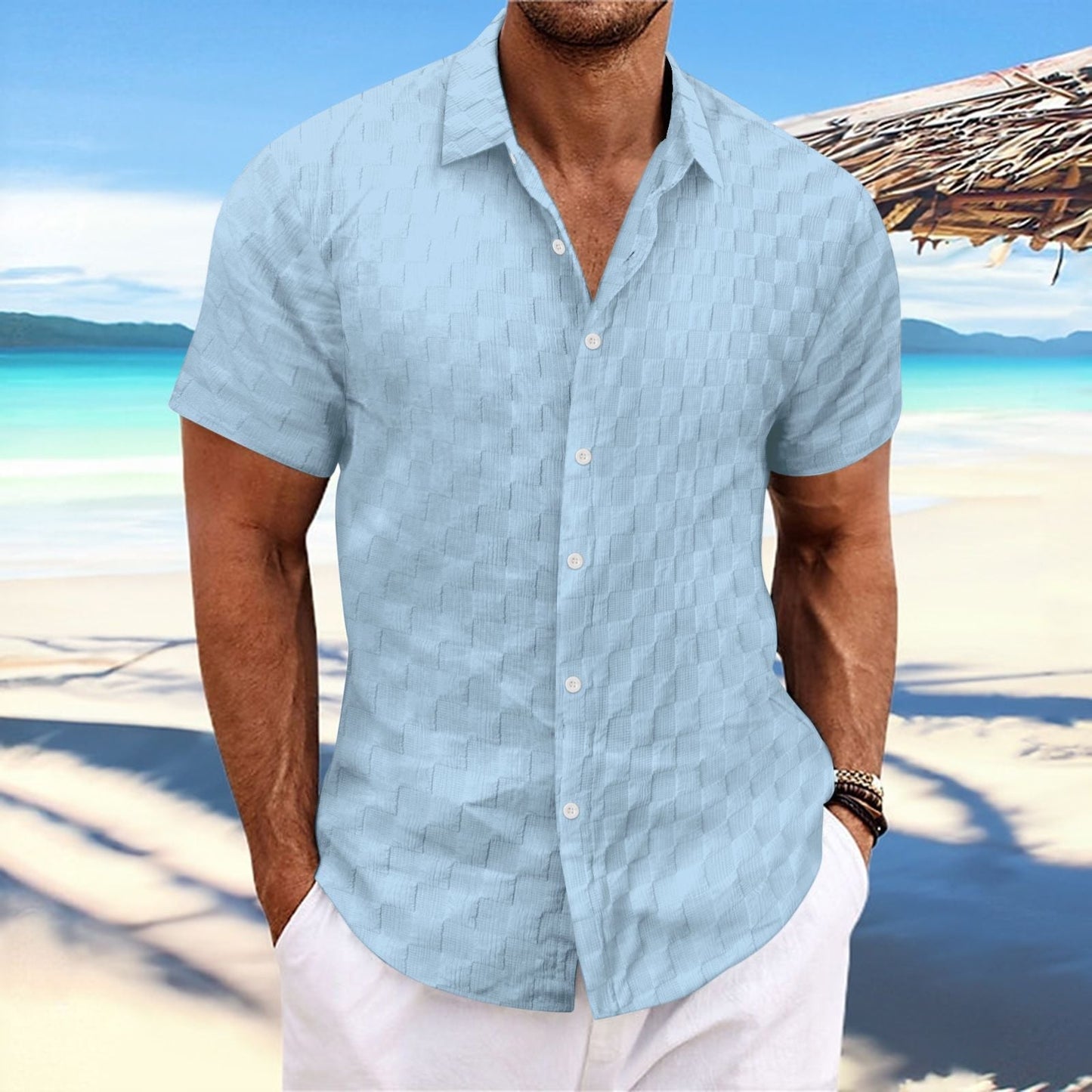 Men's white textured weave cotton blend casual shirt regular fit breathable warm weather urban style
