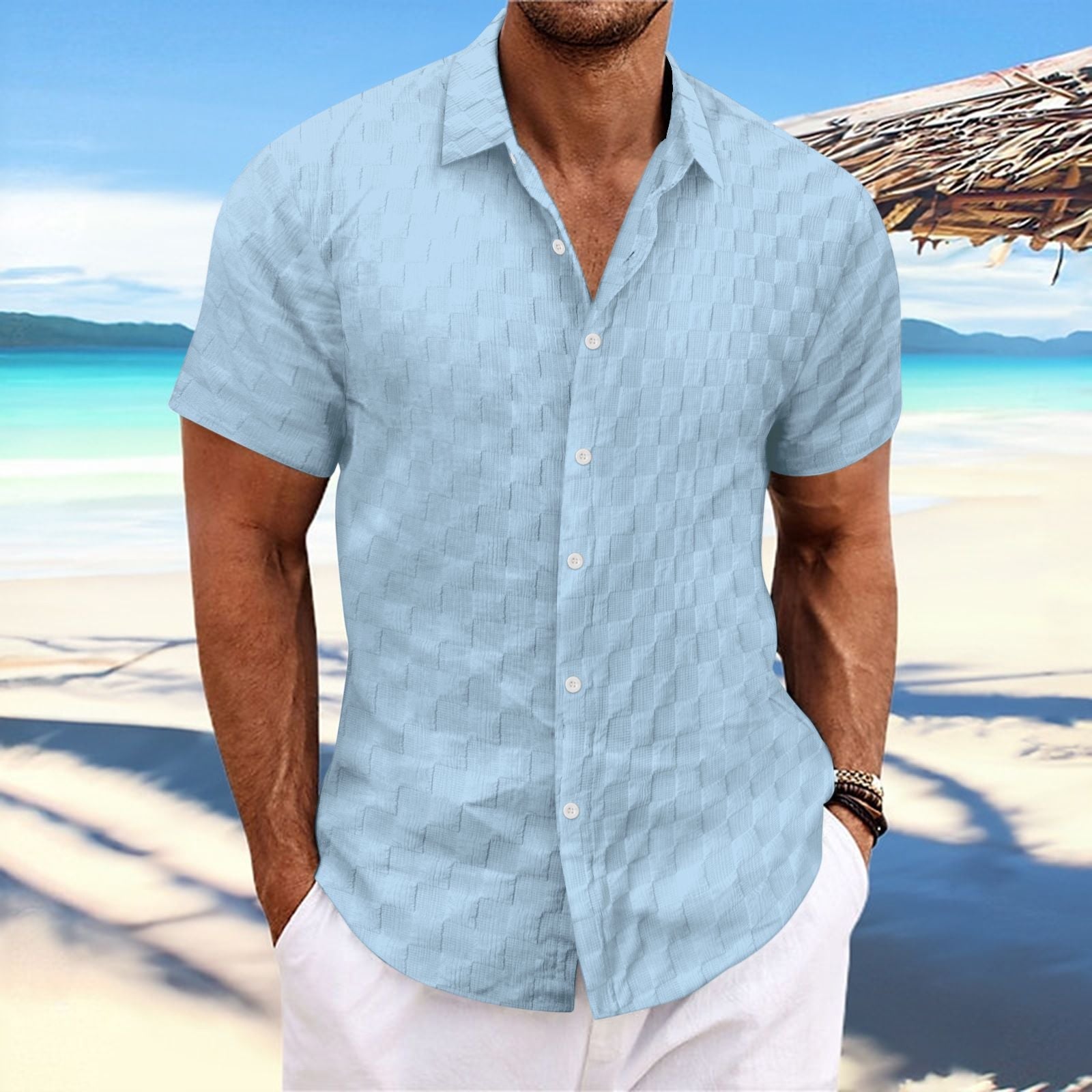 Men's white textured weave cotton blend casual shirt regular fit breathable warm weather urban style