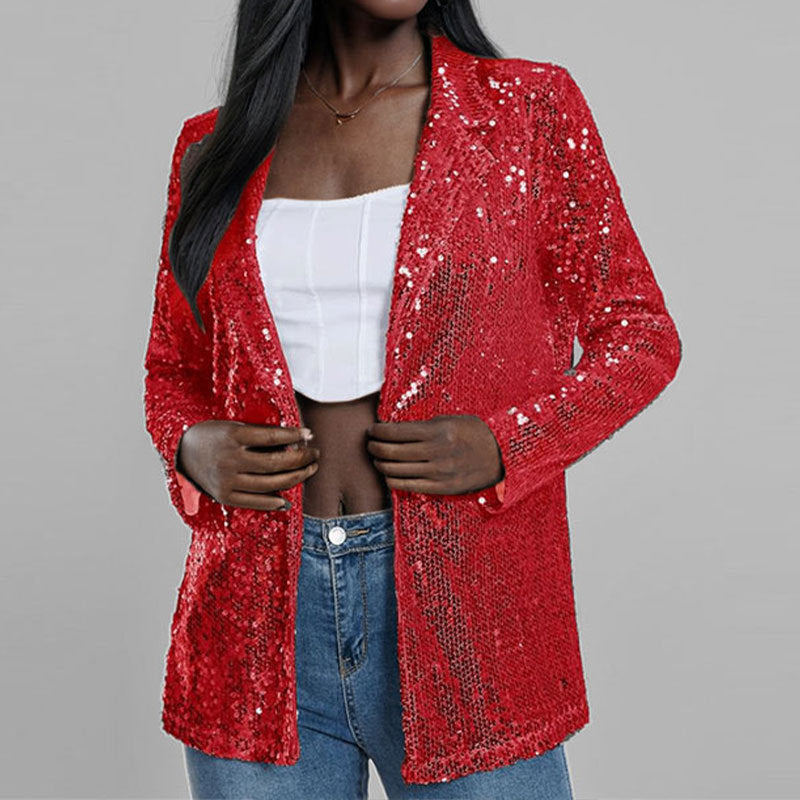 Women's silver sequin blazer tailored open-front long sleeves elegant evening party wear