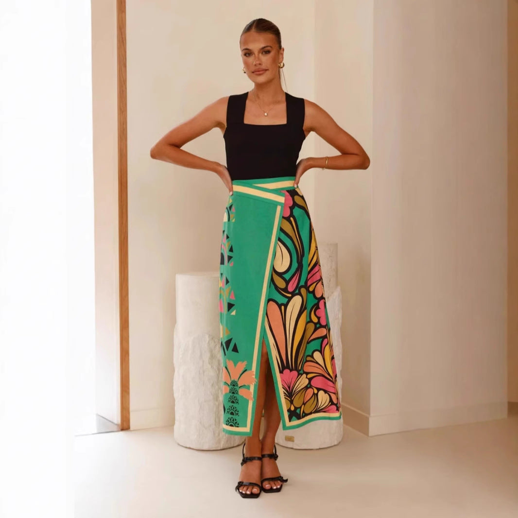 Women's slim fit high waist midi skirt abstract print front slit office elegant style