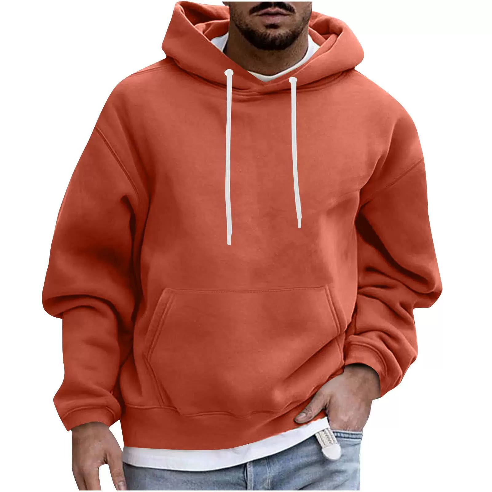 Men's cozy fleece hoodie loose fit drop shoulder silhouette with kangaroo pocket everyday casual wear