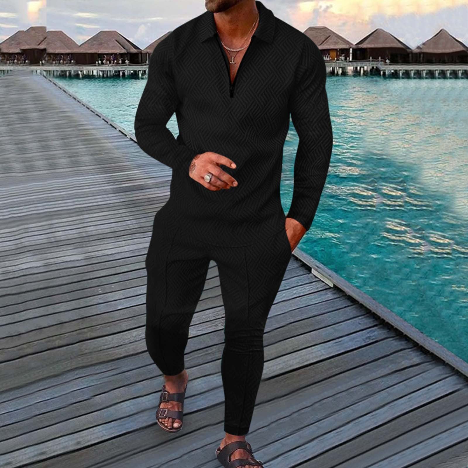 Men's slim fit two-piece sports polo suit with breathable 3D print long sleeve design in active leisure style