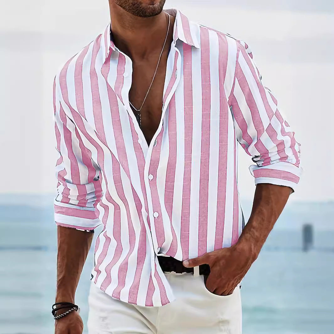 Men's striped cotton linen blend long sleeve shirt relaxed fit breathable casual everyday wear