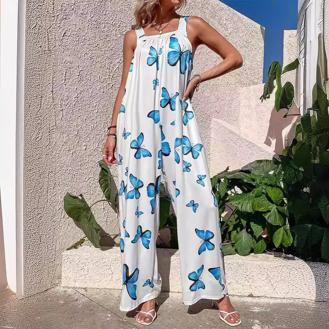 Women's loose fit wide leg printed strapless jumpsuit lightweight breathable summer fashion