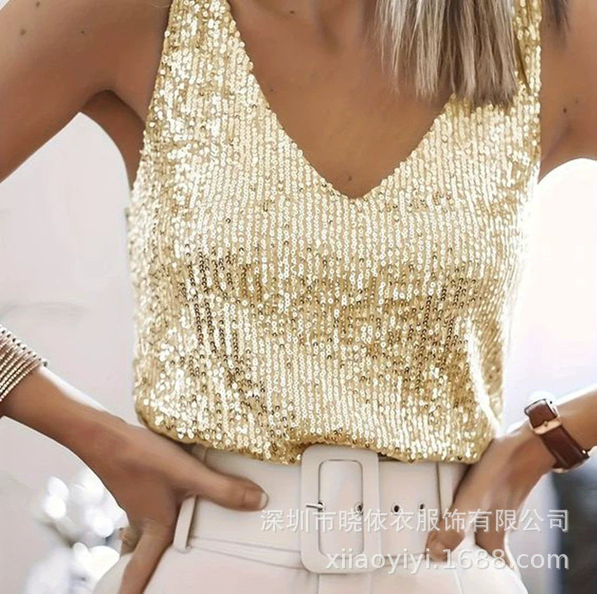 Women's relaxed fit silver sequined V-neck sleeveless top with all-over shimmer for nights out