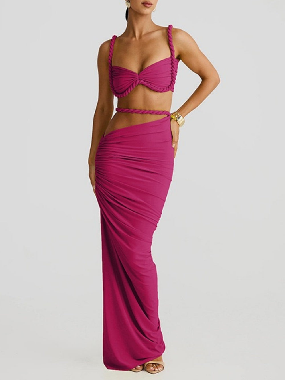 Pearl marble two-layer stretch skirt handcrafted rope waist asymmetrical hem gathered side seam