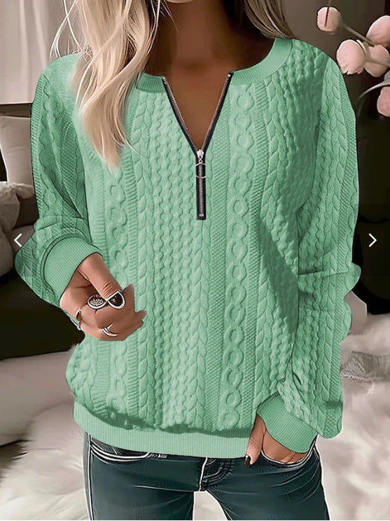 Women's cable knit sweater relaxed fit zip collar cozy warm pullover by Urbann-Vibe