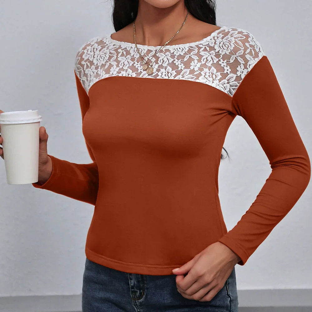 Women's slim fit long sleeve blouse with elegant lace neckline detail, versatile for everyday and festive wear