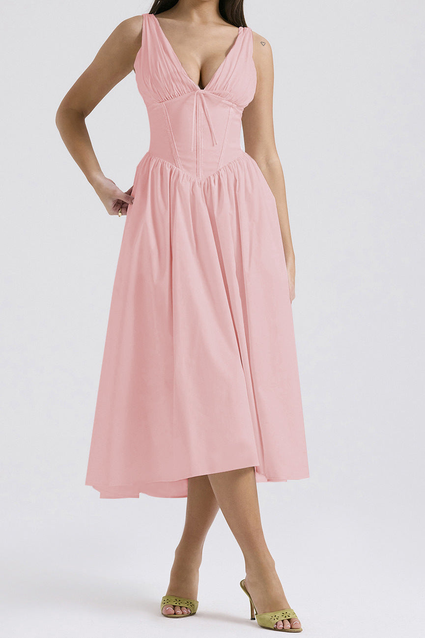 Floral midi dress women A-line sleeveless V-neck chic versatile fit with delicate print