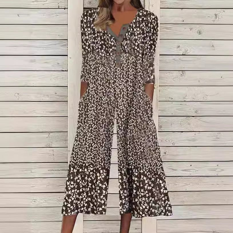 Lagoon | Women's Leaf Print V-Neck Short Sleeve Wide Leg Jumpsuit