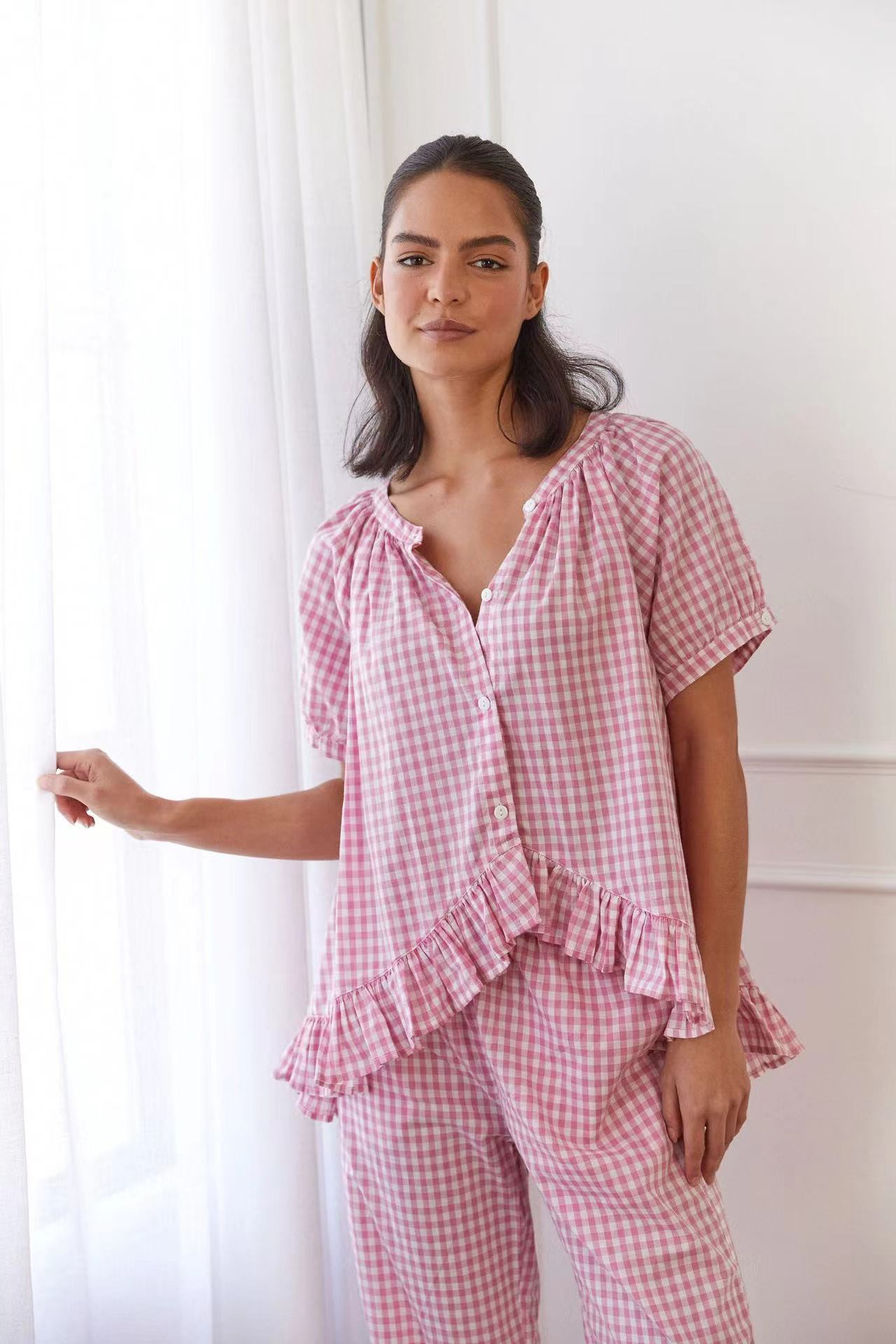 Women's cotton lounge set relaxed fit shirt and pants with ruched ruffle details Nordic-inspired