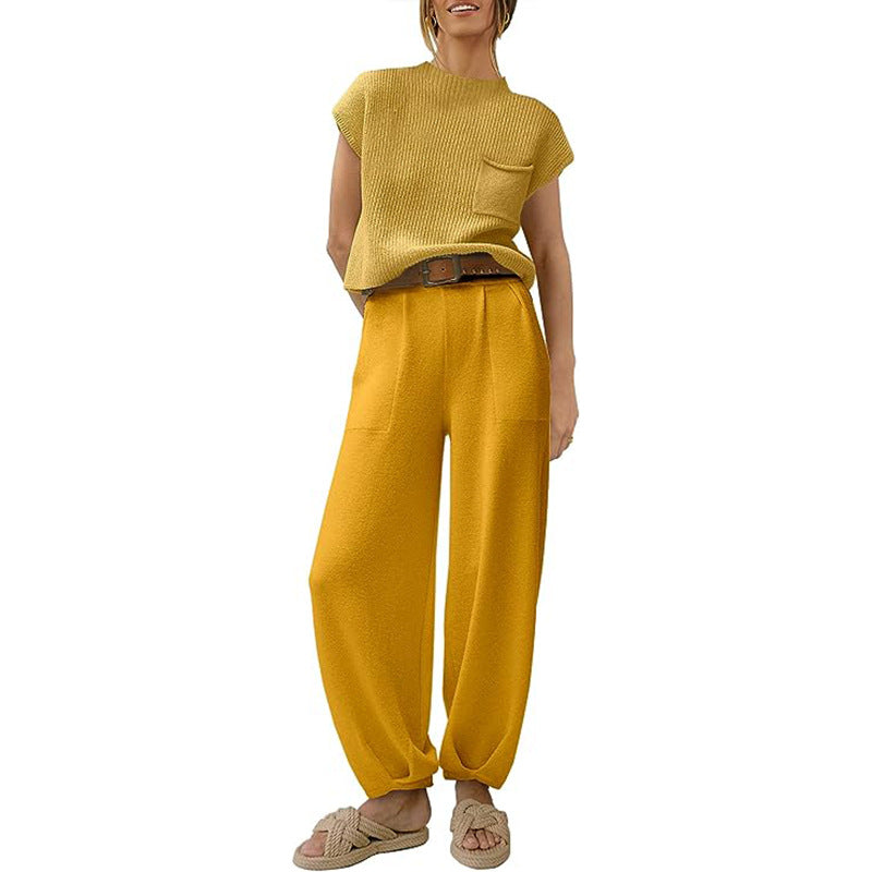 Women's soft cotton knit two-piece set cropped top with chest pocket and high waist wide leg pants