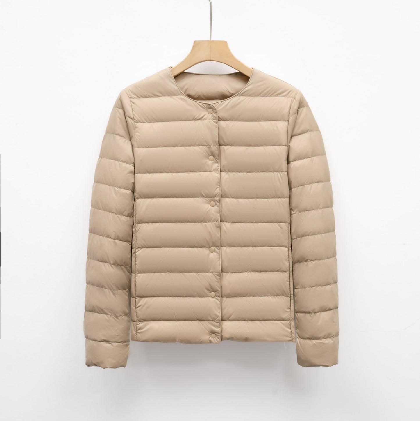 Women's slim fit lightweight quilted down jacket snap front hip length warm layering piece