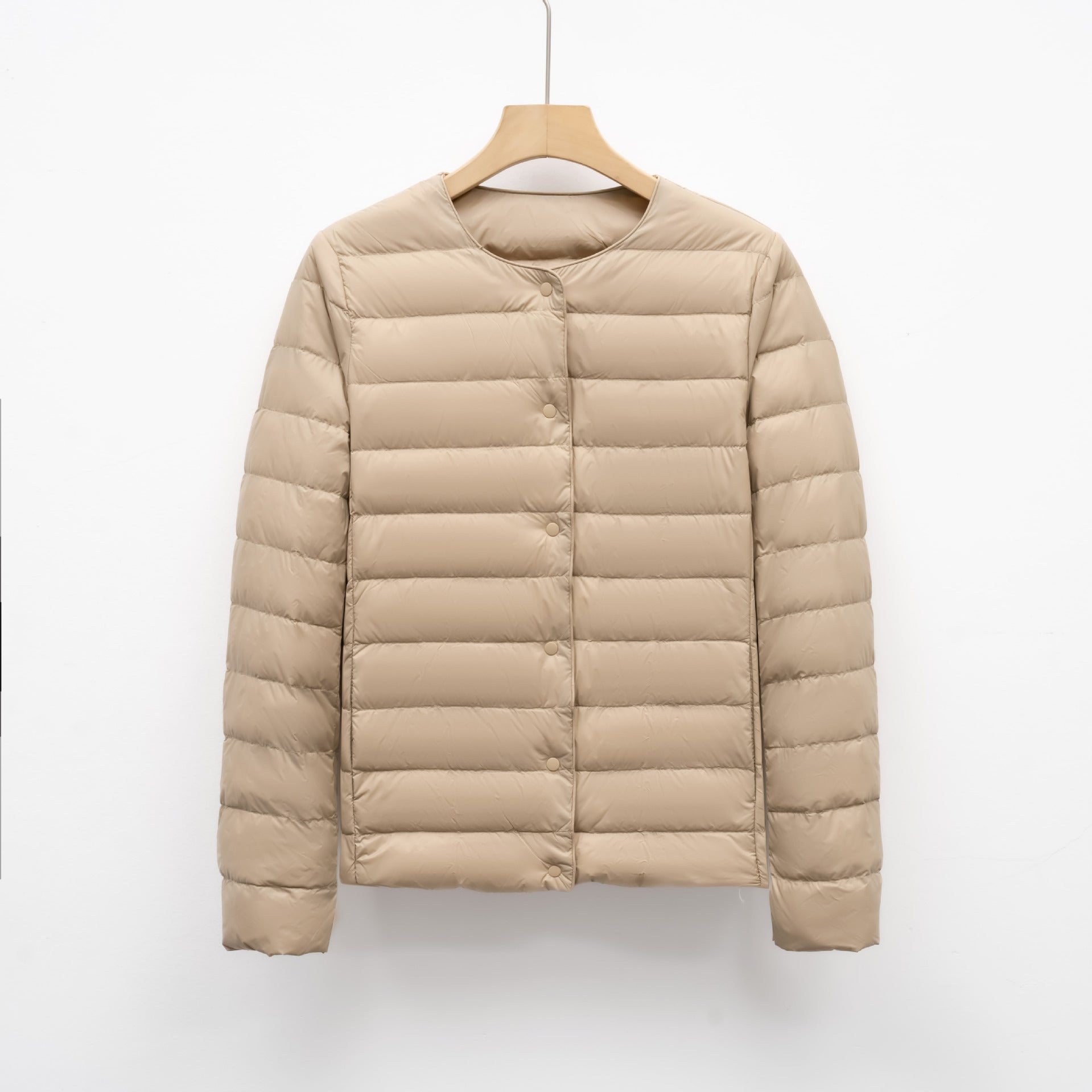 Women's slim fit lightweight quilted down jacket snap front hip length warm layering piece