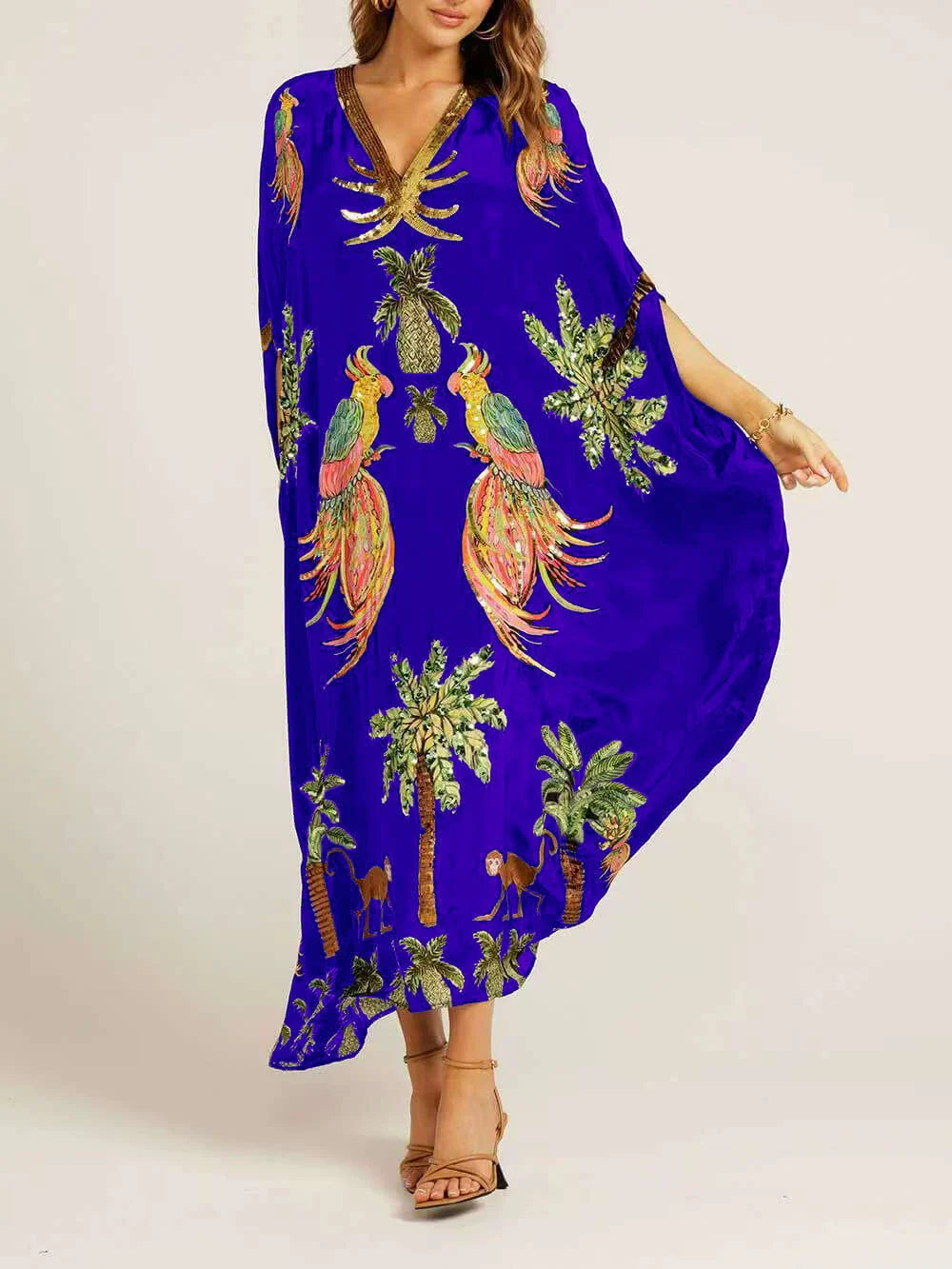 Tropical coconut tree print drop shoulder dress, relaxed fit women's beach vacation style