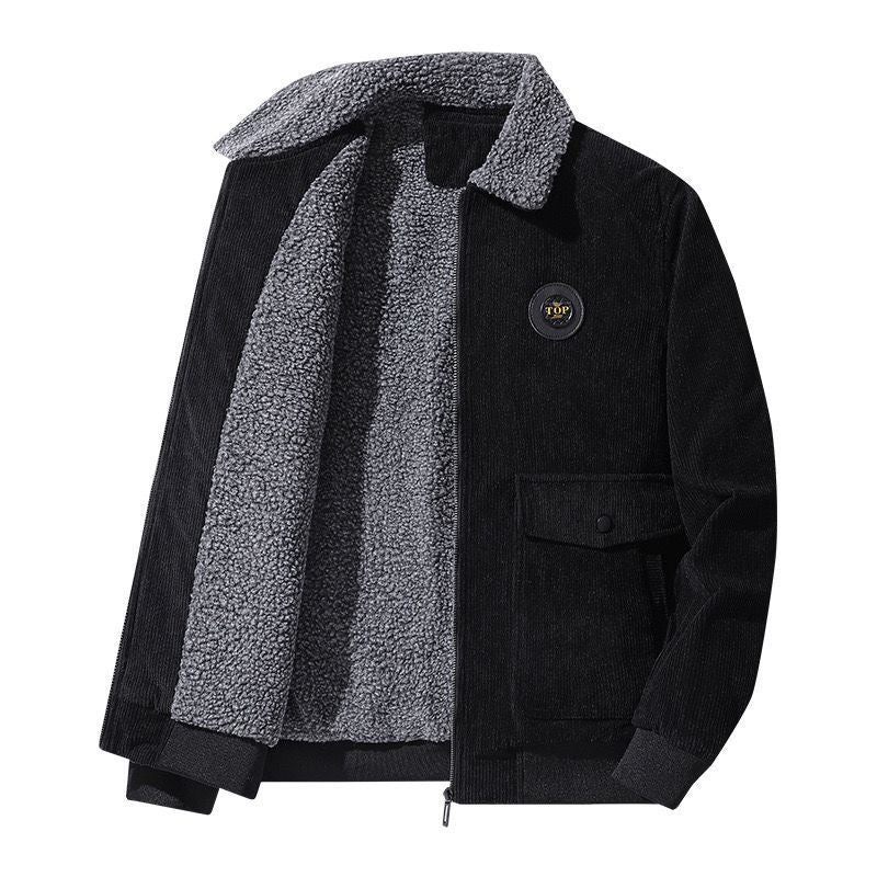 Men's brown corduroy loose-fit casual jacket with warm wool lining and button closure
