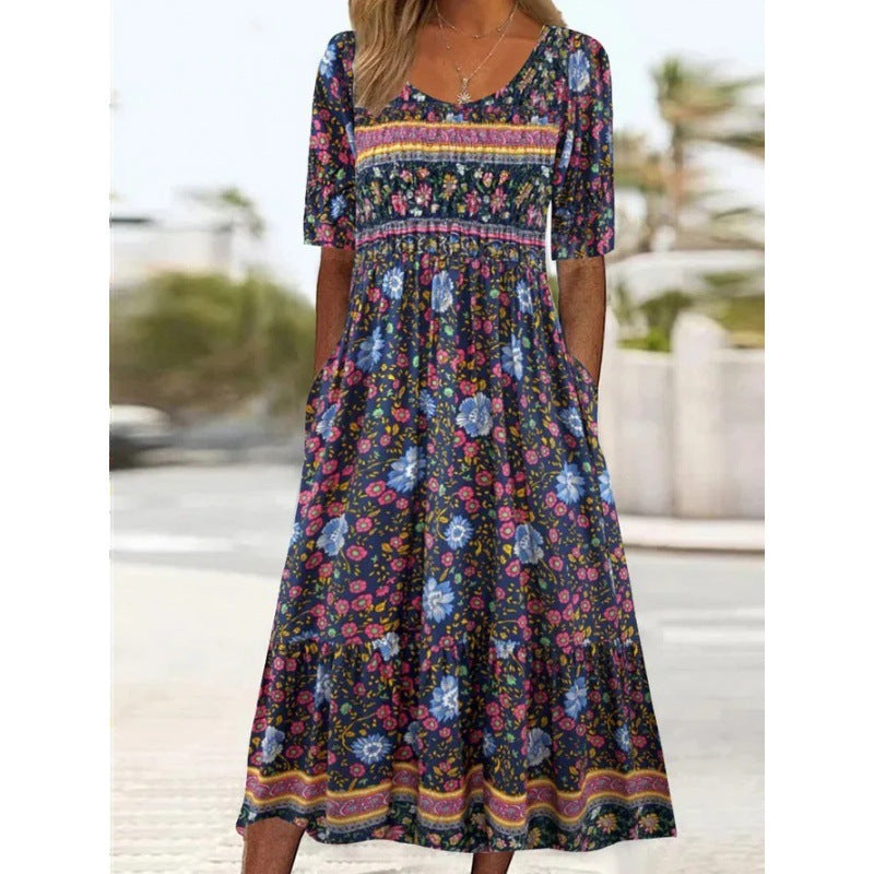 Boho floral maxi dress for women relaxed fit with pockets and artisanal border detailing